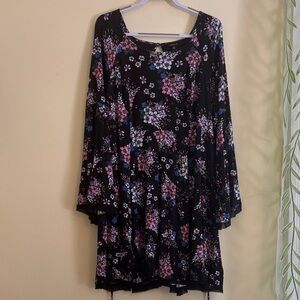 torrid black floral long sleeve dress with pink & blue blooms
